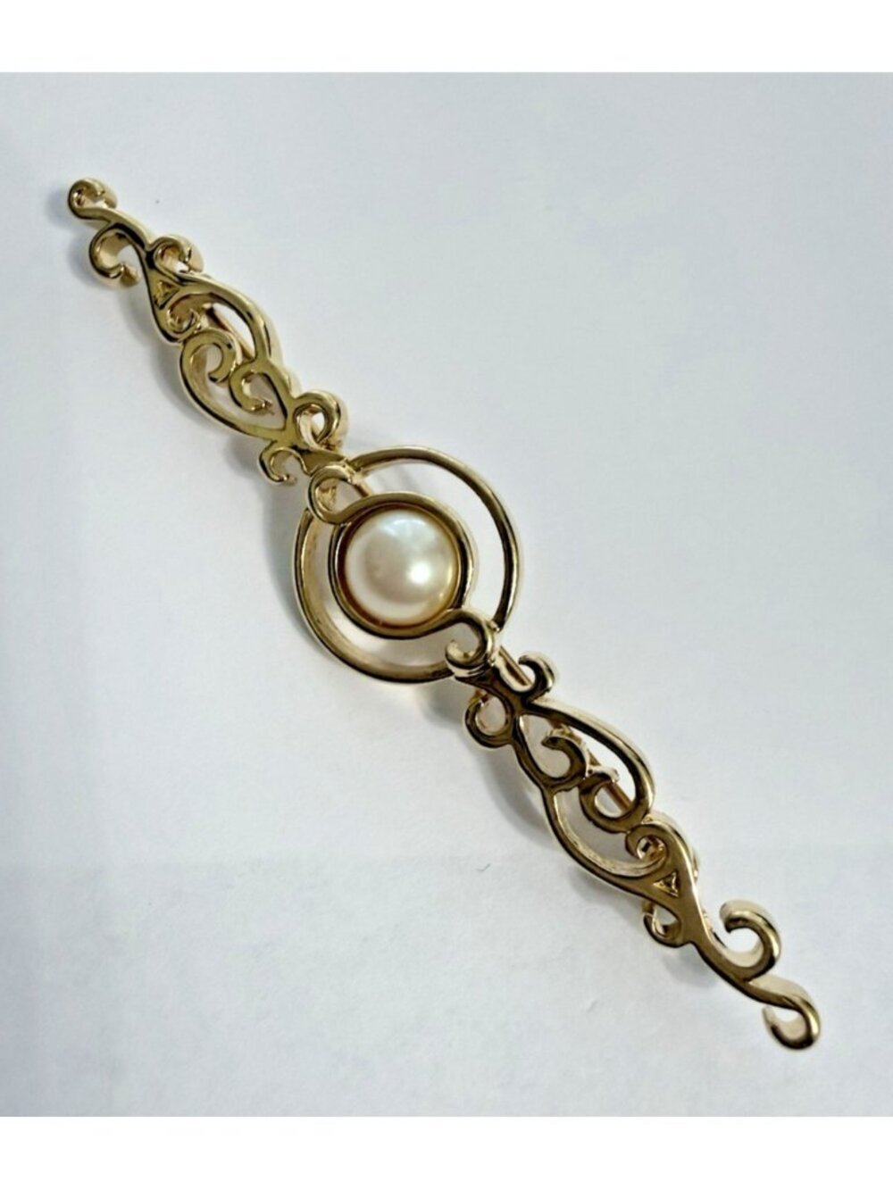 Vintage Monet Scrollwork Brooch Bar Pin Ornate Curls Gold Tone Faux Pearl Signed